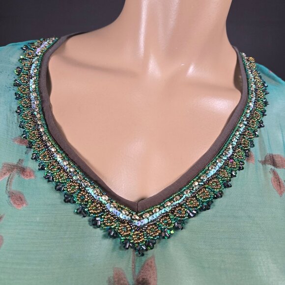 Vintage Floral Caftan Sheer Beach Cover Up Dress Size M Teal Green Brown Beaded - Picture 3 of 9
